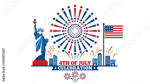 4th of July Celebration Illustration with Statue of Liberty and Fireworks