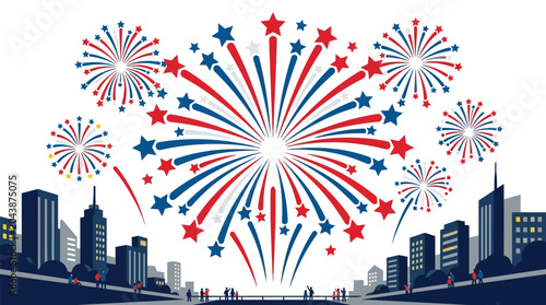 Fireworks Celebration over City Skyline on 4th of July