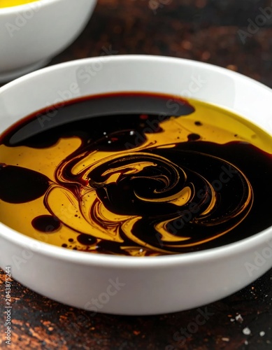 Balsamic vinegar and olive oil swirling in a small white ceramic bowl, rich dark texture, culinary dipping sauce for gourmet food photography