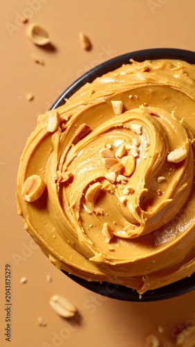 Creamy peanut butter in a black bowl with crushed nut topping on a warm tan background, perfect for food photography and culinary blogs