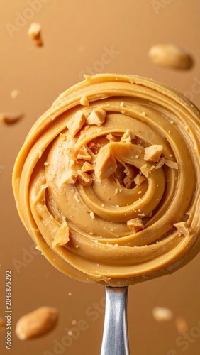 Creamy peanut butter swirl on metal spoon with crushed nut sprinkles, macro food photography for culinary content, tasty snack, breakfast spreads