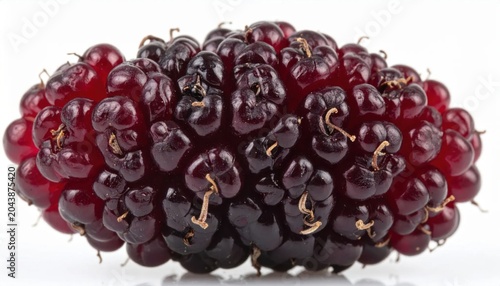 Isolated ripe mulberry fruit with deep purple red skin and bumpy texture, macro closeup for culinary, healthy eating, antioxidant rich superfood