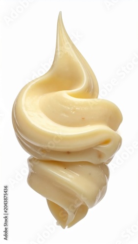 Isolated swirl of creamy vanilla frosting or soft serve ice cream, smooth texture, delicious dessert topping, food photography for bakery menus