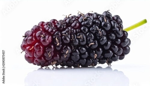 Isolated ripe mulberry with dark purple texture and green stem, closeup food photography for healthy diet, summer fruit and natural snack