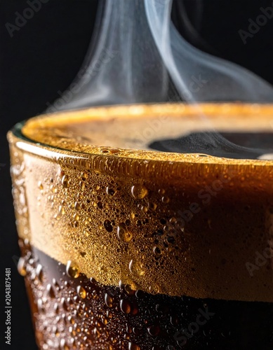 Macro closeup of dark roast coffee with rising steam and condensation droplets on glass rim, rich texture, perfect for beverage advertising