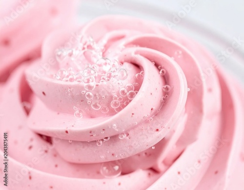 Macro closeup of pink strawberry whipped frosting swirl with tiny sugar sprinkles, sweet bakery dessert topping, confectionery texture, food photography