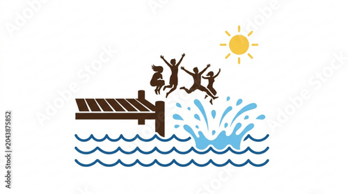 Friends jumping off pier into water on sunny day joyful summer fun