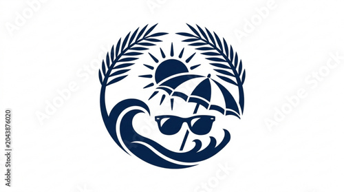 Tropical vacation icon with palm leaves umbrella sunglasses sun and ocean waves on white background