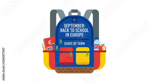 Backpack with school supplies for back to school in Europe