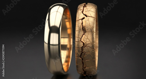 Two wedding rings one perfect and one cracked representing divorce separation conflict and the end of a long marriage