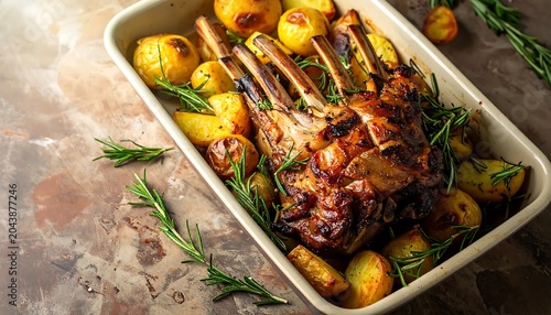 Roasted lamb with potatoes and rosemary in a baking dish on table