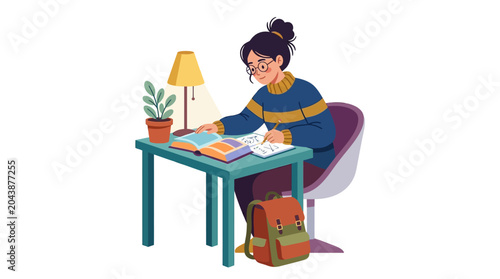 Student studying at desk with books and lamp