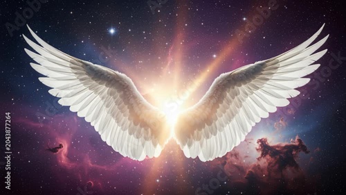 Celestial Wings in Cosmic Expanse: Majestic white wings unfurl against a breathtaking backdrop of a colorful nebula and starlit cosmos, radiating divine light and ethereal energy.