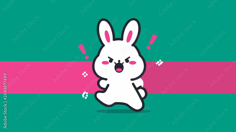 Obraz premium Angry white cartoon rabbit running with a determined expression. Cute bunny mascot character on a vibrant teal and pink striped background.