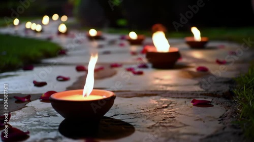 Serene Night - Illuminated Pathway of Clay Diyas and Rose Petals.
