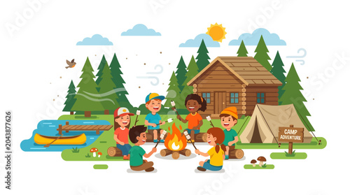 Children having fun at summer camp with cabin and tent