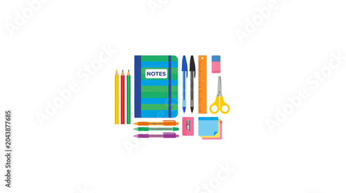 Colorful school supplies and stationery on a white background