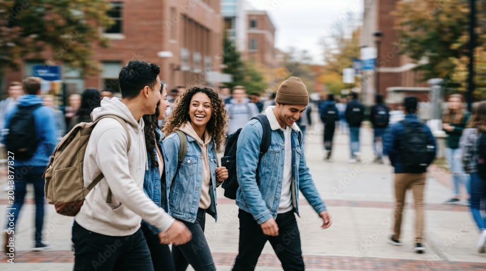 Fototapeta premium Diverse group of young adult college students walking together on a university campus walkway