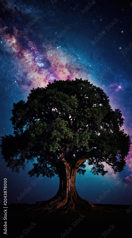Obraz premium Ancient oak tree with sprawling roots stands against a vibrant nebula and starry night sky. Fantasy artwork depicts a cosmic landscape with celestial wonders in a mystical, dreamlike atmosphere.