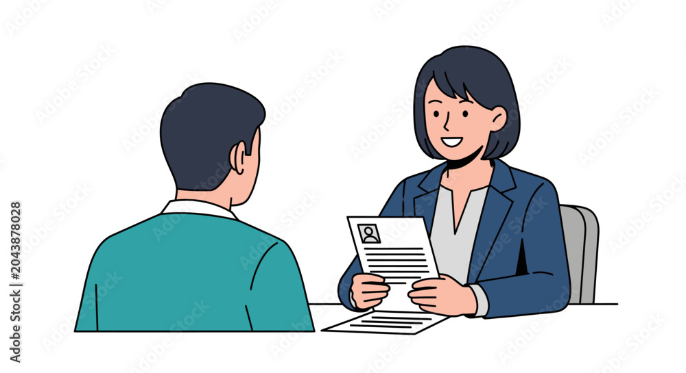 Fototapeta premium A professional woman conducting a job interview with a male candidate, reviewing his resume at a desk in a corporate setting.