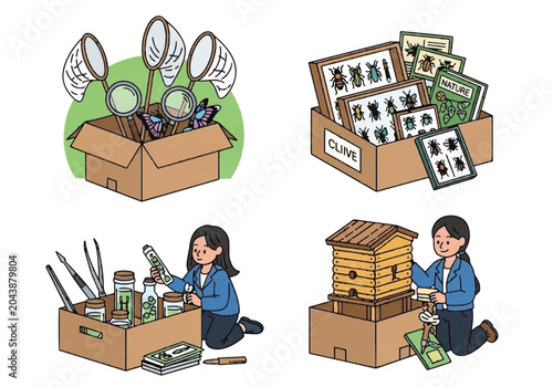 Canvas-taulu Set of illustrations depicting entomologist research activities and insect colle