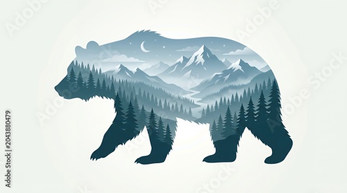 Grizzly bear silhouette containing misty mountain pine forest landscape.