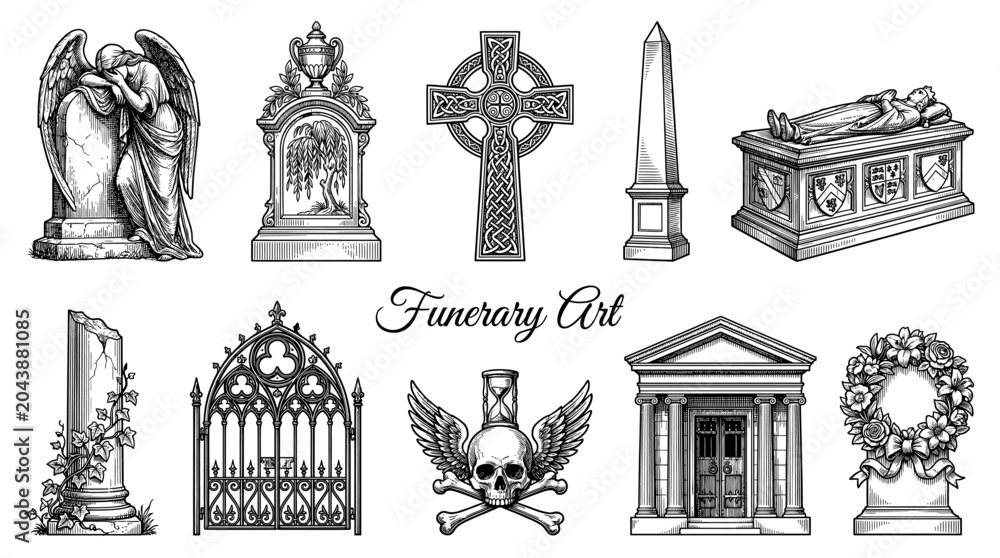 Naklejka premium Funerary Art Vector Collection with Tombstones, Celtic Cross, Weeping Angel, Sarcophagus, and Memento Mori Symbols