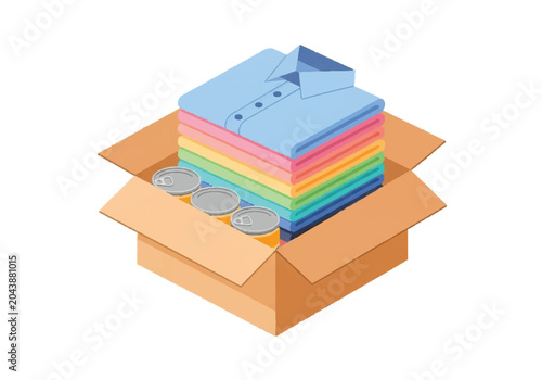 Isometric illustration of a cardboard box filled with folded shirts and canned food