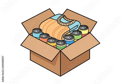 Cardboard box filled with canned food and a warm sweater for charity donation