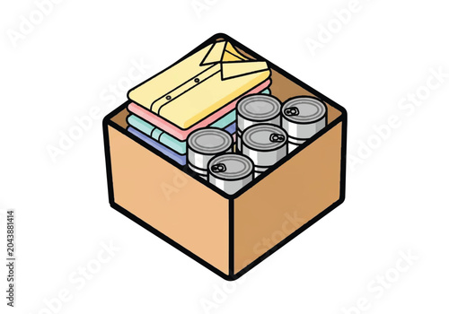 Cardboard box filled with folded shirts and canned food items
