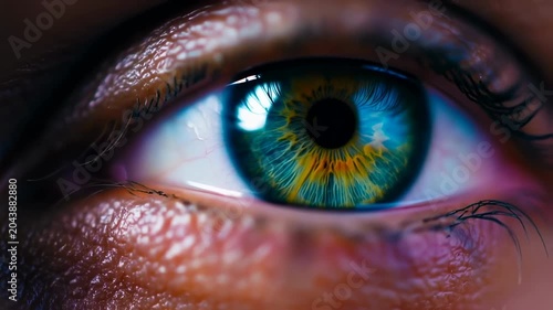 Close-up of a colorful eye, showcasing intricate details of the iris and eyelashes