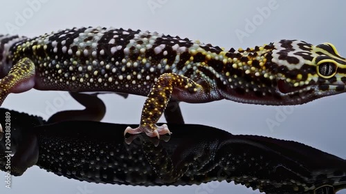 Close-up of a patterned gecko with its reflection