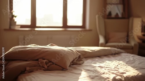 A bedroom interior, with a bed and window, bathed in soft sunlight