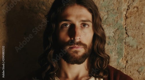Close up of Jesus Christ face. Man with beard and long brown hair looks directly ahead. Textured wall background with copy space for text or image. Religious portrait.