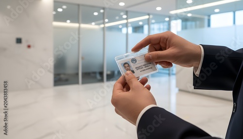 Close-up of hands holding and checking an ID badge of a security guard in a bright modern corporate office corridor for a secure access control authorization concept