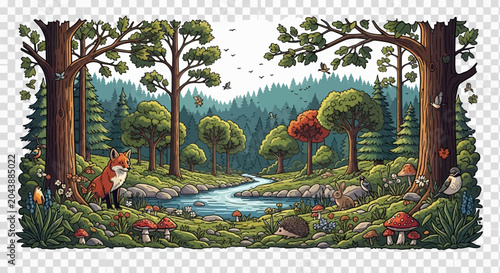 Φωτογραφία Enchanted Forest Scene with Animals and Stream