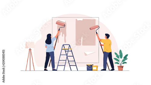 Young Couple Painting Wall in New Home - DIY Renovation and Interior Design Concept Vector Illustration