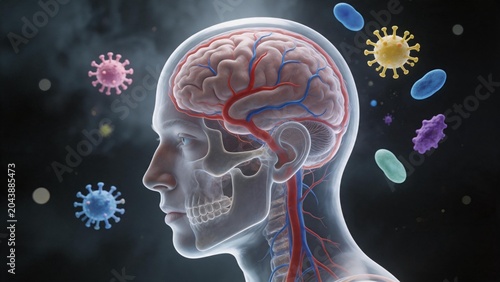 Human brain with blood vessels and viruses