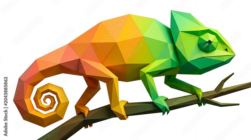 Fototapeta premium Rainbow colored low poly chameleon on a branch.