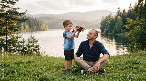 Father's day lakeside relaxation with son and toy airplane