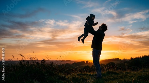 Father's day silhouette of dad lifting child at dusk