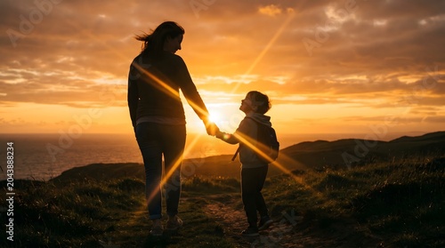 Mother and son sunset walk for father's day tribute