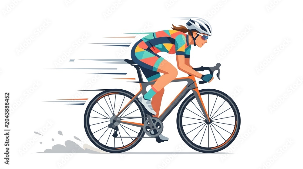 Fototapeta premium A woman cycling at high speed, wearing a colorful cycling suit and helmet. Her body is leaning forward, showing determination and effort