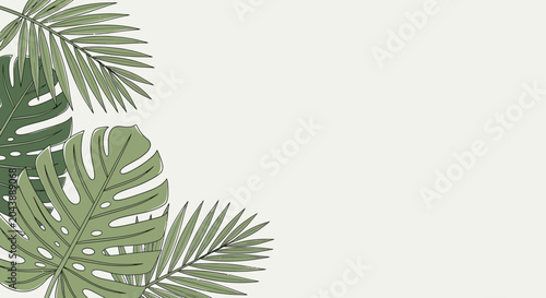 Green tropical leaves illustration on a cream background with copy space