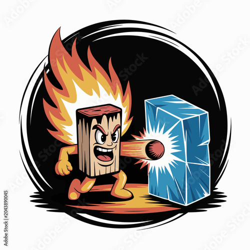 Foto Cartoon wood block on fire running.