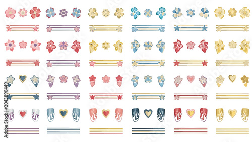 Pixel art collection of decorative elements flowers banners hearts and nail designs