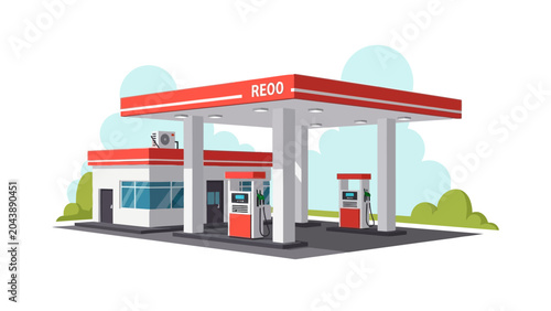 Pixel art depiction of a red and white gas station with pumps and a service building