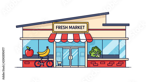 Pixel art illustration of a FRESH MARKET storefront with produce displayed