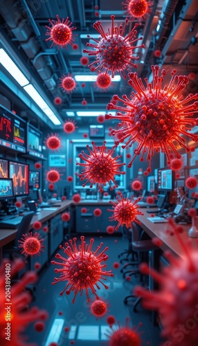 3D Render of Red Virus Particles Floating in a High-Tech Medical Laboratory