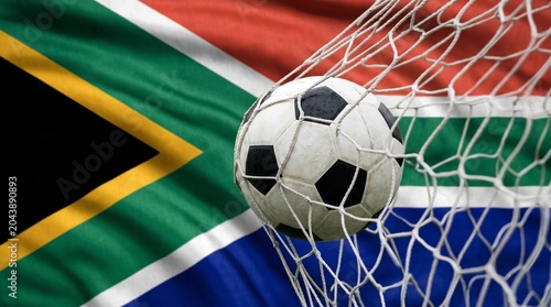 Soccer ball scoring a goal in the net against the backdrop of the South African national flag